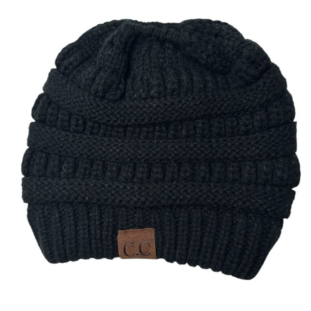 C.C. Black Cable Knit Pony Tail Hat.